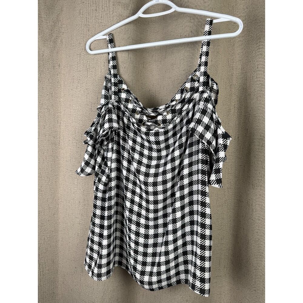 Bold Elements Womens Houndstooth Lace Up Ruffle Strap Tank Size XL Black - Picture 3 of 6